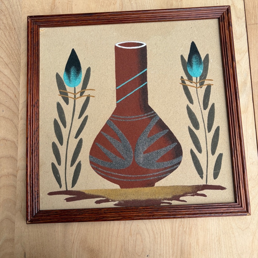 Framed Sand Art Painting Southwestern Vase Blue Flowers Native American Style